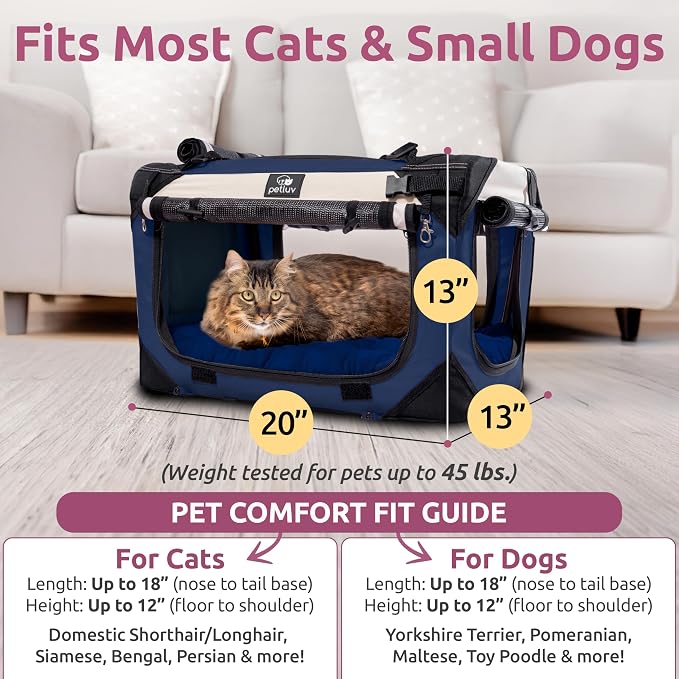 Cat & Dog Pet Carrier, Soft-Sided, Medium 20"x13"x13" Fits Most Cats or Small Dog, Comfortable for Travel & Vet Visits, Privacy Windows, Removable Plush Bed, Locking Zippers, Folds Flat