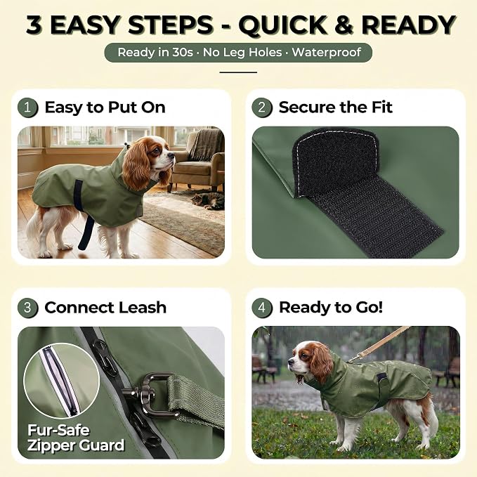PU Dog Raincoat, Non-Toxic & Odorless Waterproof Vest, Adjustable High Neck and Hook & Loop Belly Closure for Rainy Potty Breaks & Wet Weather Outdoor Walks (Olive Green, X-Small)