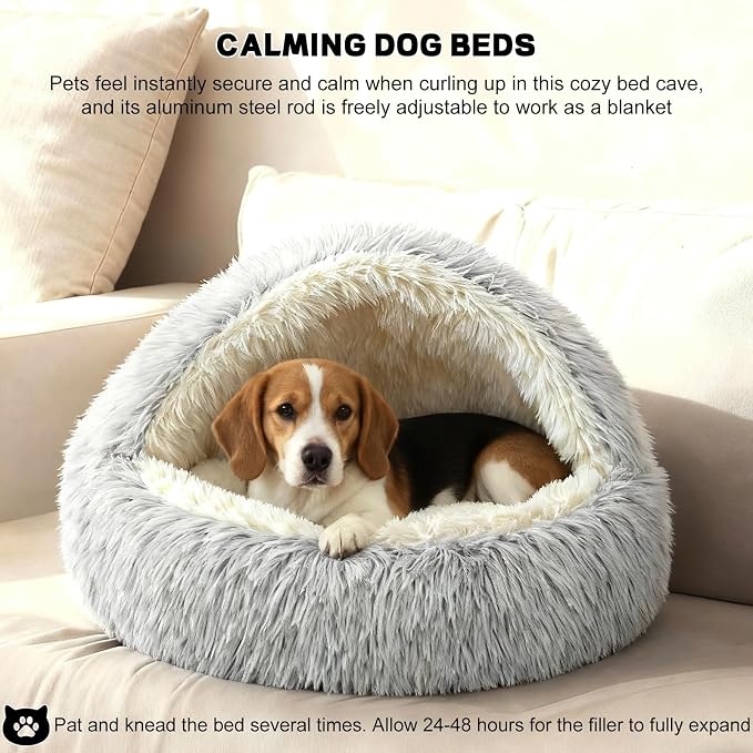Calming Dog Bed Fluffy Plush Pet Bed Under 20 Pound，Large Cave Bed Washable Non-Slip Cat Nest Pod Windproof，Cozy Indoor Cave for Kitten Dog Non-Slip Bottom (M-25.6in)