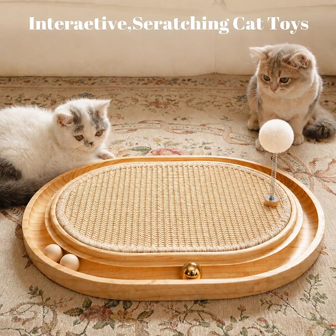 Sisal Cat Scratcher Pad, Wooden Interactive Cat Puzzle Toy | Sisal Scratching Pad with Ball, Kitten Mental Stimulation, Self Play, Home Enrichment, Physical Exercise, Natural Sisal