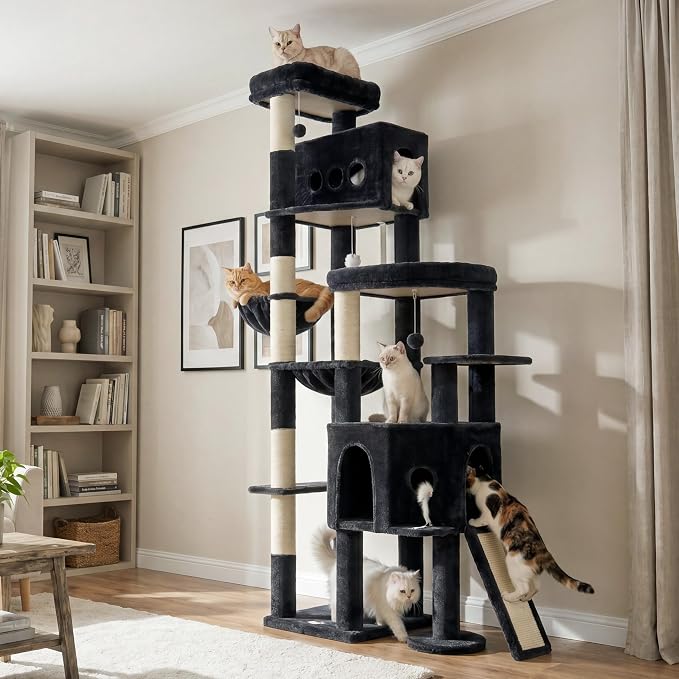 Cat Tree, 78.7" Tall Heavy Duty Cat Tower for Indoor Cats VCT033G | Cat Furniture with Sturdy Structure, Spacious Condo, Cozy Top Perch & Scratching Posts, Hammock, Smoky Gray