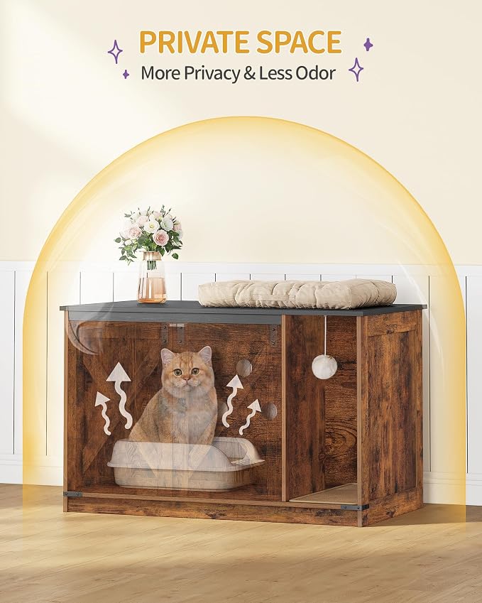Hzuaneri Cat Litter Box Enclosure, Hidden Litter Box Cabinet Furniture | Indoor Cat House with Bell, Farmhouse Style, 31.5 x 19.7 x 20.9 Inches, for Hallway, Bedroom, Rustic and Black CB85201X