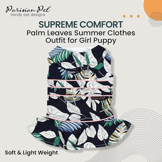 Parisian Pet Palm Dog Dress - 100% Cotton Summer Clothes for Small Dogs Girl - Tropical Leaf Pet Dress - Stylish Beach Dog Outfit - Lightweight Puppy Clothes - Green Dresses for Dogs
