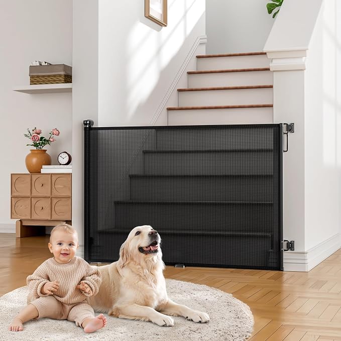 Babepai Retractable Baby Gates Extra Wide | 72" Wide x 34" Tall Dog Gates for Stairs | Indoor/Outdoor Use | Child Gates for Doorways, Deck, Porch, Hallways, Patio - Black