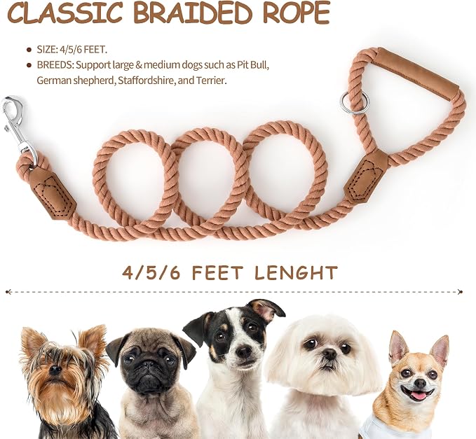 Mile High Life Dog Leash Braided Cotton Rope w/Leather-Wrapped Ends/Handle | Rust-proof 360° swivel clasp, Heavy-duty for medium/large breeds. Great for weddings, daily walks (6 FT, 1/2", Brown)