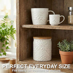 Small Engraved Ceramic Kitchen Canister - Storage Jars with Airtight Lids Made from Bamboo with Nature-Inspired Engraving - Use as a Pasta Holder, Coffee Ground Holder, Rice Container - 30 Ounces