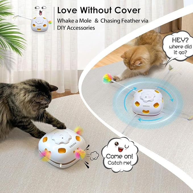 ORSDA Cat Toys for Indoor Cats, 4 in 1 Interactive Automatic Kitten Toys Hide and Seek with Mat, 8 Holes Mice Whack-A-Mole, Moving Wand Teaser Feathers,Rechargeable Electric Exercise Kicker Kitty Toy