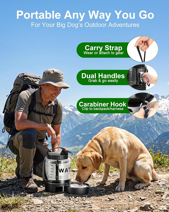 Portable Dog Water Bottle with Bowl, Large 77 oz/2.2 L, Black | Food-grade, BPA-free material, silicone seal, easy-clean wide mouth, grip handle, for large dogs, hiking, camping, beach days