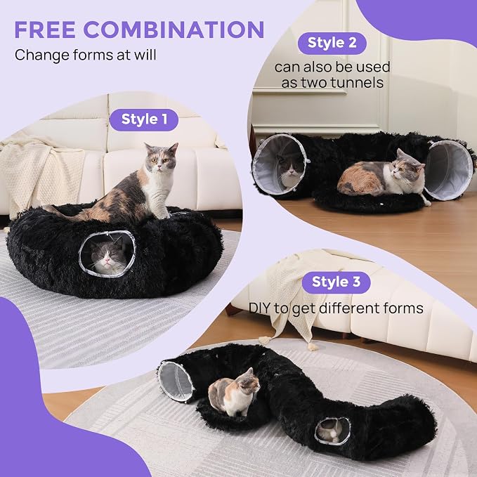 Plush Cat Tunnel Bed for Indoor Cats with Soft Cushion, Multi-Shape Play Cave with Hanging Balls, Large and Foldable Cat Donut Tunnel for Small and Large Pets (Black)