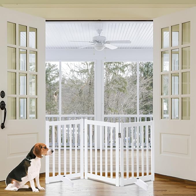 LZRS Freestanding Dog Gate 60" W x 30" H Solid Wooden Pet Gate for Doorways, Stairs & Hallways, Expandable & Foldable with Support Feet，Indoor Use,White