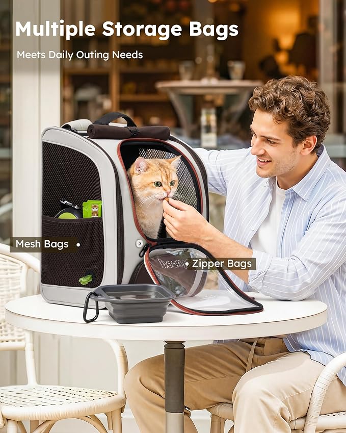 Pecute Dog Backpack Carrier,Large Space Dog Bubble Backpack,Ergonomic,Khaki | Color Blocking,Sunshade curtain,Folding bowl,Transparent window,Sturdy,Large mesh on both sides for breathability