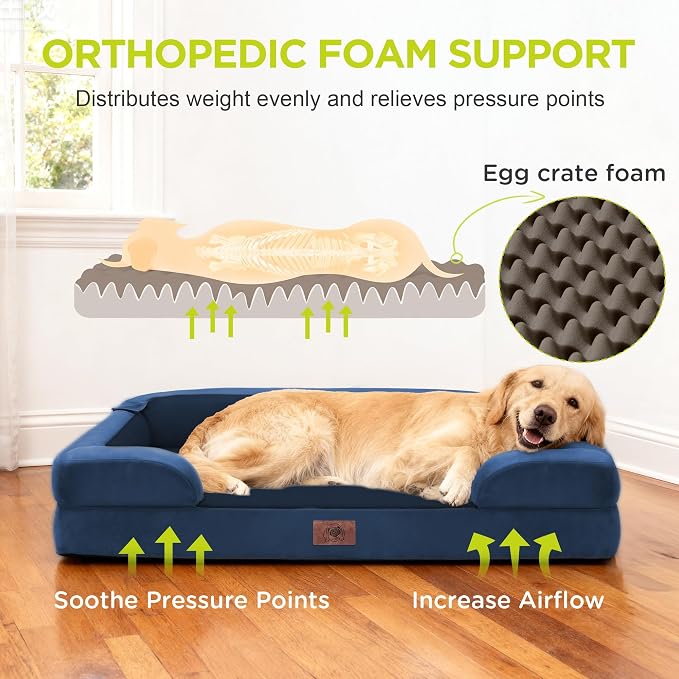 Waterproof Orthopedic Dog Bed for Medium Large Sized Dogs | Memory Foam Pet Bed Sofa with Bolster, Dog Couch with Washable Cover & Non-Slip Bottom, 36x27 Inch, Royal Blue