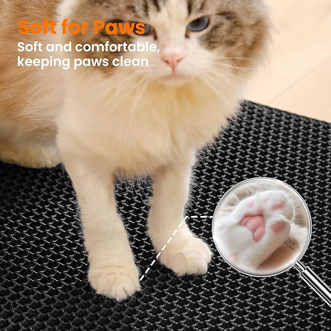 Cat Litter Mat, Double Layer Honeycomb Litter Box Mat | 24x18”, Efficient Litter Trapping, Easy to Clean, Waterproof, Non-Slip, Soft on Paws, Scratch Resistant, Black, Large