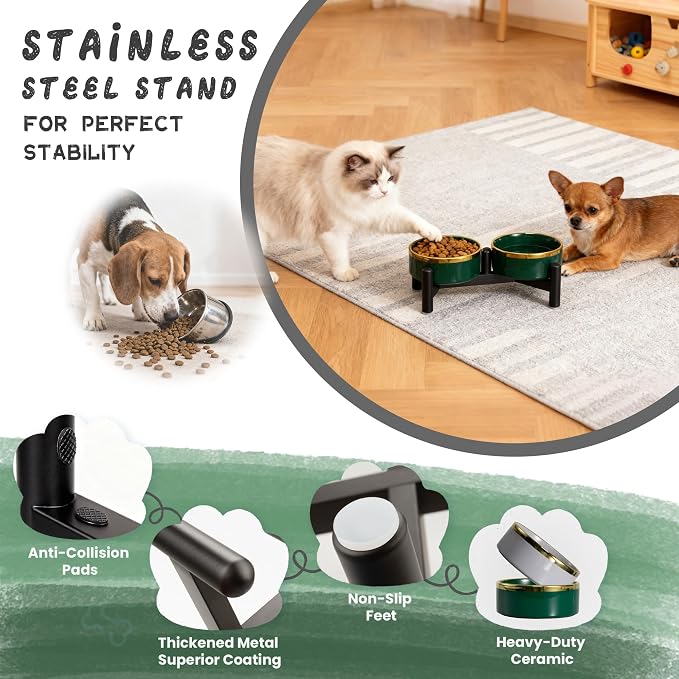 Elevated Ceramic Dog Bowl Set - Double Dishes with Stainless Steel Stand – Raised Feeding Bowls for Cats and Small Dogs - Food & Water Set - 5" / 1.6 Cups (160 g / 300 ml) - Gray