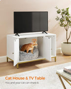 Feandrea Cat Litter Box Enclosure, Hidden Litter Box Furniture with Scratch Pad, Front Entry, Double Cabinet Doors, Modern Style, 31.5" Cat House Washroom Side End Table, White and Gold