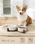 MALACASA Dog Bowl Set, Ceramic Bowls with Walnut Wood Stand, 3.5 Cups | Five-leaf grass and honeycomb design, non-slip base, for cats and dogs, about 26% heavier than similar ceramic bowls