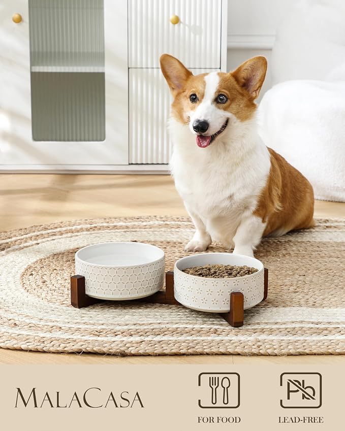 MALACASA Dog Bowl Set, Ceramic Bowls with Walnut Wood Stand, 3.5 Cups | Five-leaf grass and honeycomb design, non-slip base, for cats and dogs, about 26% heavier than similar ceramic bowls