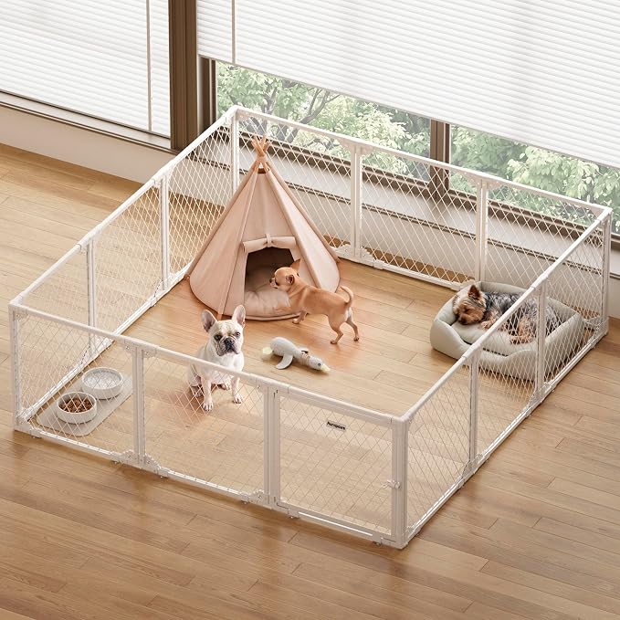 Dog Playpen Indoor, 12 Panel, 24" White Metal Puppy Playpen | Diamond Mesh Chew Resistant, Tool-Free Assembly, Easy Clean, Portable Design, Dog Exercise Pen for puppies and small dogs