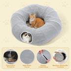 PEQULTI Grey Donut Cat Tunnel Bed Washable Plush Mat Multi for Small Pets | Round play tube with soft detachable plush mat, multi-pet toy fit indoor cats, kittens, puppies, rabbits and ferrets