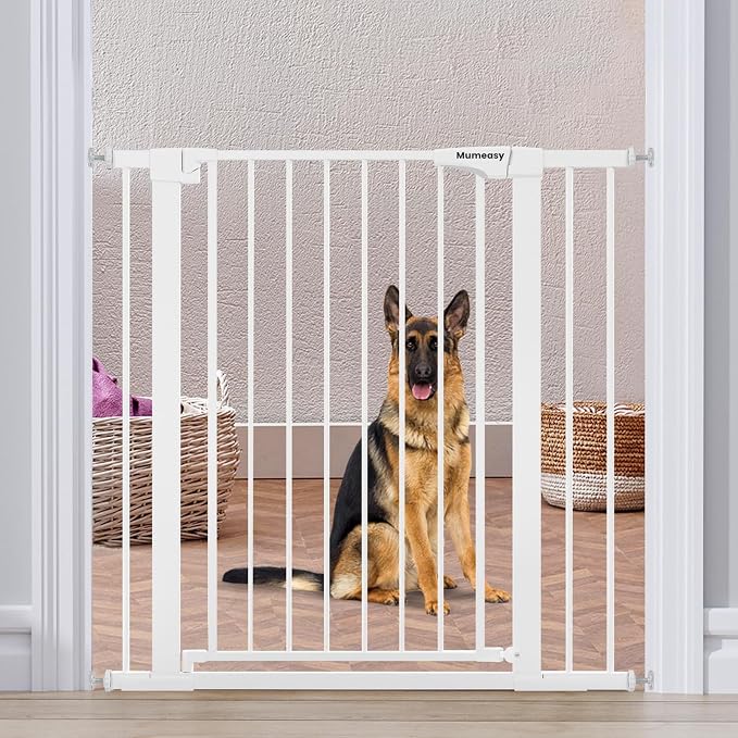 Mumeasy 36" Extra Tall Dog Gate,29.7"-40.5" Baby Gate for Stairs & Doorways | Pressure Mounted Toddler & Pet Safety Gate, Double Lock, Auto Close Walk Thru Door for Kitchen, House, Indoor, Outdoor, White