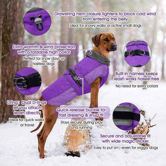 QBLEEV Warm Dog Jacket - Reflective, Adjustable Winter Coat with Turtleneck for Cold Weather, Waterproof Fleece Snowsuit for Small, Medium, Large Dogs