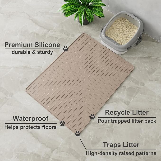 Large Cat Litter Mat, 31.5x23.6 Silicone Trapping Mat Beige | for Kitty Litter Box, Easy Clean, BPA Free Rubber, Center Litter Collection, Easy Pour-Back, Waterproof, Odor-Resistant