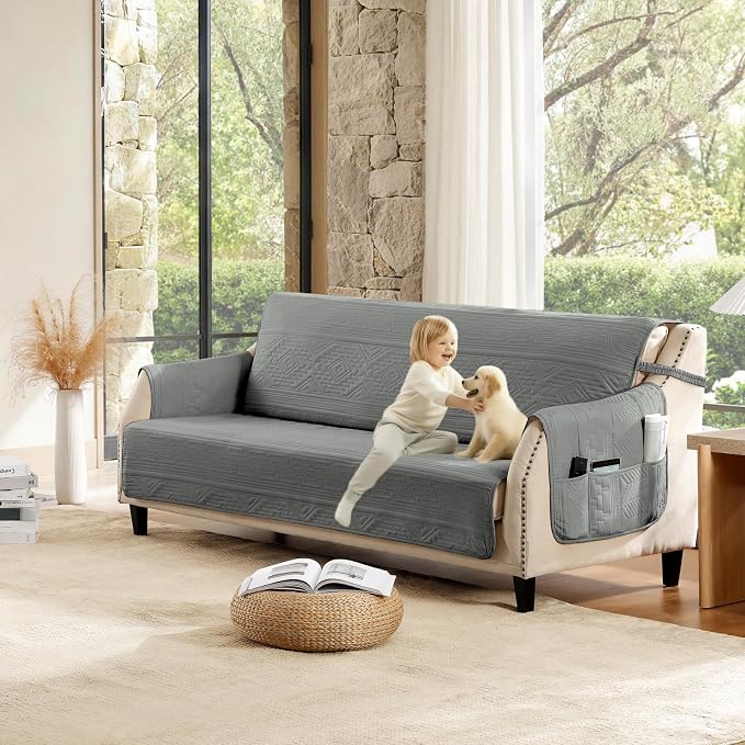 Soft Boho Quilted Couch Cover with Pockets for Extra-Large Sofa, Anti-Slip Boho Sofa Covers Washable for 3 Cushion Pet Friendly, Oversized Sofa Cover Water-Repellent (X-Large Sofa 78", Gray)