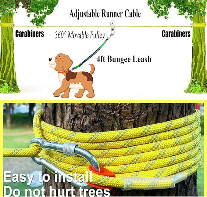 Dog Tie Out Cable for Camping, Dog Trolley System and 4ft Bungee Leash | Suitable for Dogs Up to 400lbs, Camping Yard andOutdoor Events