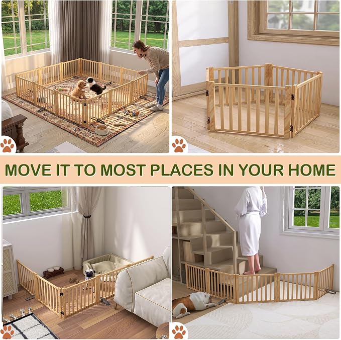 Wooden Freestanding Dog Gate Indoor- 16.9" H 5 Panels | No-Painted Foldable Dog Gates, Portable Doggy Gate for Stairs Doorways Hallways