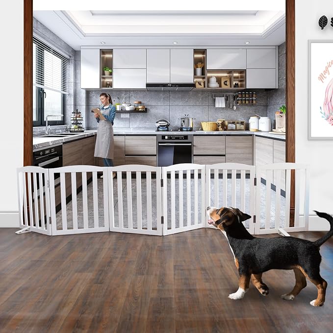 ZJSF Foldable Freestanding Indoor Dog Gate for House Wood White Long Pet Gates Dog Fence for Stairs Puppy Gates for Hallways,Pet Fence, Puppy Gate,Support Feet Included 24 "Height-6 Panels
