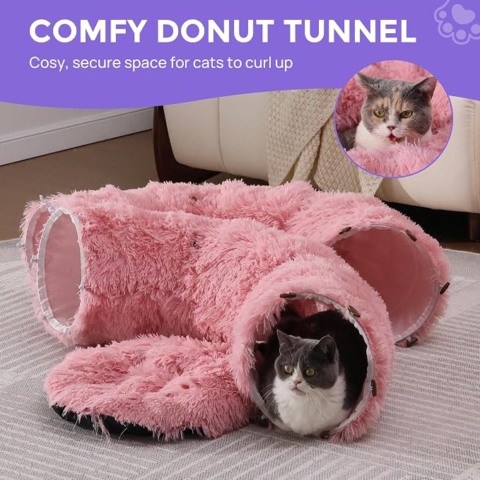 Plush Cat Tunnel Bed for Indoor Cats with Soft Cushion, Multi-Shape Play Cave with Hanging Balls, Large and Foldable Cat Donut Tunnel for Small and Large Pets (Pink)