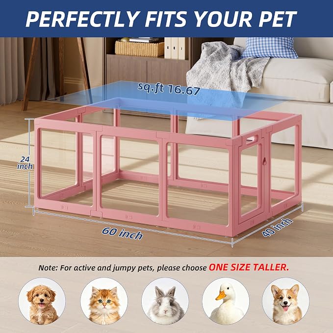 Clear Acrylic Dog Playpen Indoor, Puppy Cat Small Pet Play Pen, Pet Cat Playpen for Rabbits, Dog Fence Crate Kennel Whelping Cage (Pink, 10 Panel)