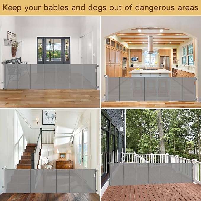 Reinforced 200 Inch Extra Long Baby Gate For Large Opening to Prevent Crawling Under, 16 ft Retractable Dog Gate for Doorway Extra Wide, Outdoor/Indoor Retractable Baby Fence to Separate Playroom,Gray