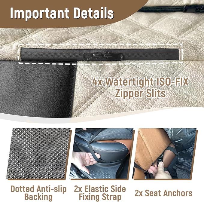 Dog Car Seat Cover for Back Seat, Heavy Duty Nonslip Car Seat Protector for Child Car Seat, Waterproof Bench Seat Cover for Dogs and Kids, Compatible with Armrest, Fits Sedan (Beige)