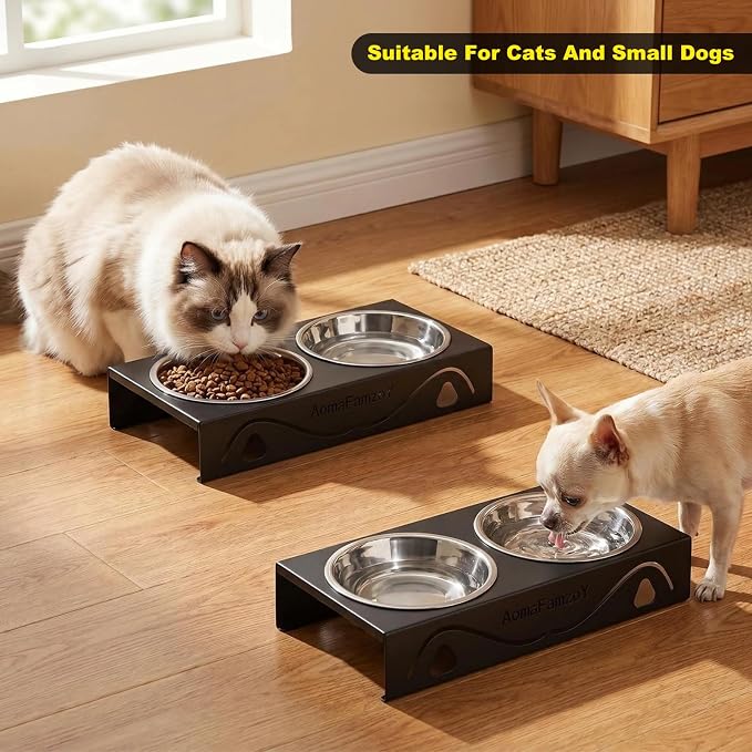 All-Metal Cat Food Bowl Raised, 5.5" WideTilted Whisker-Fatigue Pet Dish, Anti-Vomiting, 2 Stainless Steel Bowls for Food Water, Non-Slip Elevated Cat Feeding Stand for Indoor Multi Cats,Puppy, Black