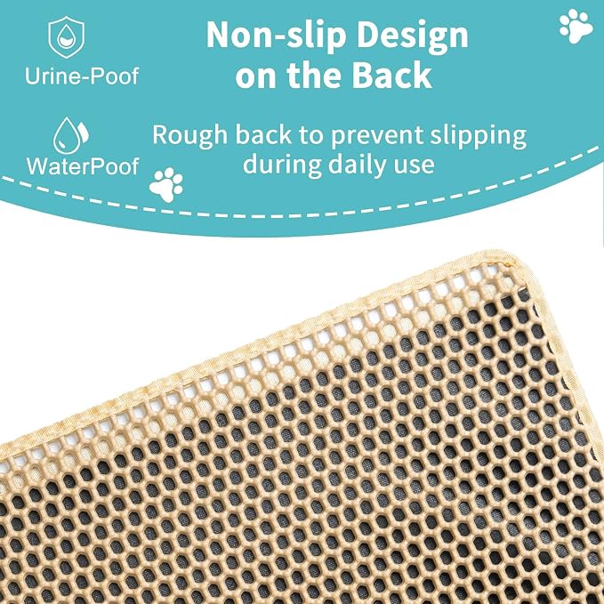 XXL Cat Litter Mat Litter Trapping Mat, 47x36in Litter Box Mats Extra Large | 2-Layer Honeycomb Litter Rug with 1.2cm Sifting Holes to Less Mess, Waterproof, Keeps Floor Clean.Mengbu(Khaki:47"x36")