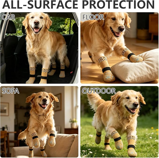 EXPAWLORER Dog Socks for Hot Pavement to Prevent Licking Paws, Non-Slip Dog Grippy Booties Shoes for Hardwood Floors, Traction Control Boots & Paw Protectors for Small Medium Large Senior Dogs Khaki S