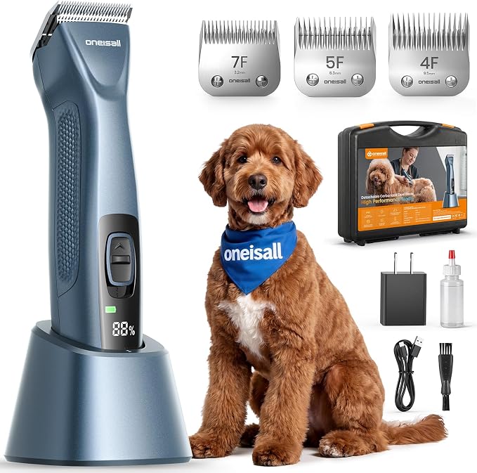 oneisall Professional Dog Clippers 4 Length A5 Blades with Carring Case | 3700SPM 2-Speed, 2600mAh Swappable Battery, Low Noise Dog Grooming Clippers for Thick Long Curly Matted Hair