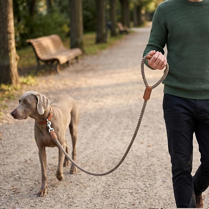 Mile High Life Dog Leash Braided Cotton Rope w/Leather-Wrapped Ends/Handle | Rust-proof 360° swivel clasp, Heavy-duty for medium/large breeds. Great for weddings, daily walks (5 FT, 1/2", Black)