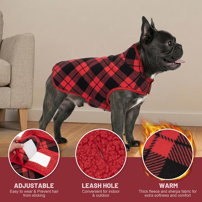 cyeollo Small Dog Coat Sherpa Dog Winter Coat, Reversible Fleece Doggie Jackets Sweater Vest for Small Dogs Male with Leash Hole, Soft Cold Weather Pet Coats, Buffalo Plaid S