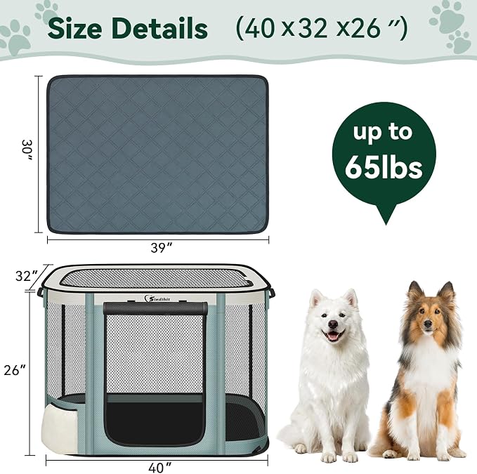 Siedihit Dog Cat Playpen Crate with Washable Pee Pad, Reinforced Durable | Dog Cage, Portable Foldable Pet Kennel with Breathable Visibility (Grey with Pad, Extra Large)