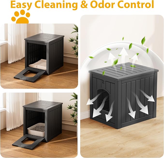 Cat Litter Box Enclosure, Multi-Functional Enclosed Cat Litter Box Furniture, Outdoor Cat House Weatherproof, Openable Front Door & Raised Floor, Easy to Clean & Assemble, Black