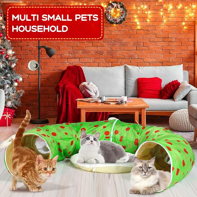 Hollowfly Christmas Cat Bed Tunnel 3ft x 3ft x 9.8in Lime Green Under Tree Cat Donut Tunnels for Indoor Kitten Plush Polka Dot Peekaboo Cave Toy Collapsible 3 Way Xmas Gifts for Small Kitty