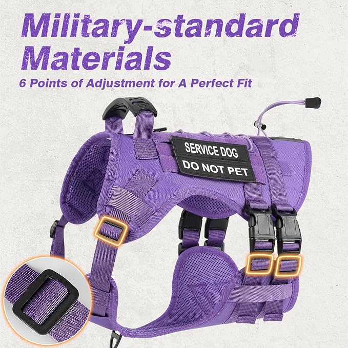 No Pull Tactical Dog Harness for Large Dogs, Service Dog Vest, XL, Purple | Tactical Dog Vest Harness and Leash Set, Adjustable Military Service Dog Harness with Handle for Medium Large Dogs