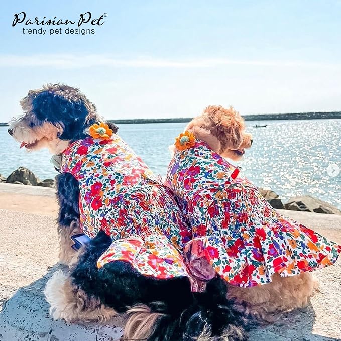 Parisian Pet Floral Dog Dress - 100% Cotton Summer Clothes for Medium Dogs Girl - Ruched Waist Pet Dress - Stylish Printed Beach Dog Outfit - Lightweight Puppy Clothes - Sleeveless Dresses for Dogs