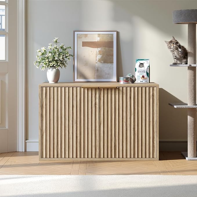 Evermagin 31.5" Cat Litter Box Enclosure Furniture | Oak Hidden Litter Box Cabinet, Modern Indoor Cat House, Fluted Kitty End Table for Living Room, Bedroom, Entryway