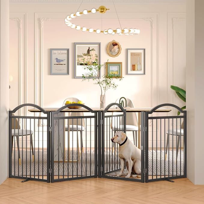 BHG Metal No-Assembly Freestanding Dog Gate with Door Walk Through, Extra Wide 96", Extra Tall 32" Pet Gate, Accordion Puppy Folding Playpen Dog Fence for Indoor & Outdoor, with 2PCS Support