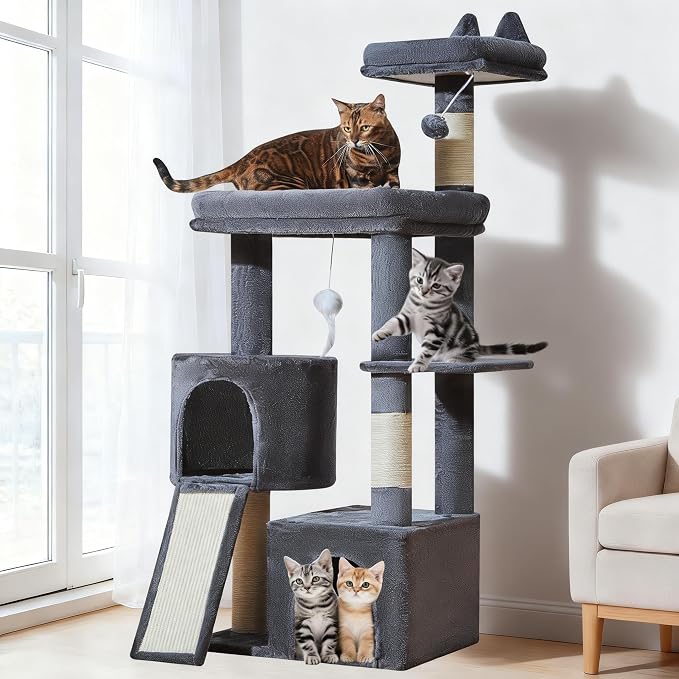 Taoqimiao Sturdy Cat Tree, 55.1In Cat Tower for Indoor Cats, Large Platform | Rotatable Round Condo with Large Scratch Board, Extended Cat House, Thickened Full-Sisal Scratching Post, Smoky Gray, F10G