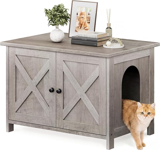 Shintenchi Cat Litter Box Enclosure, Litter Box Furniture Cabinet Hidden with Removable Divider, Wooden Cat House with End Table, Grey, 31.5 inch