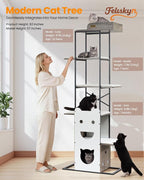 Wood Modern Cat Tree Tower, 84 Inch XL Tall Indoor Large Cat Condo | Heavy Duty XL Stable Wooden Cat Condo House Furniture with Multi-Level Spacious Perch Scratching Board Soft Washable Pads